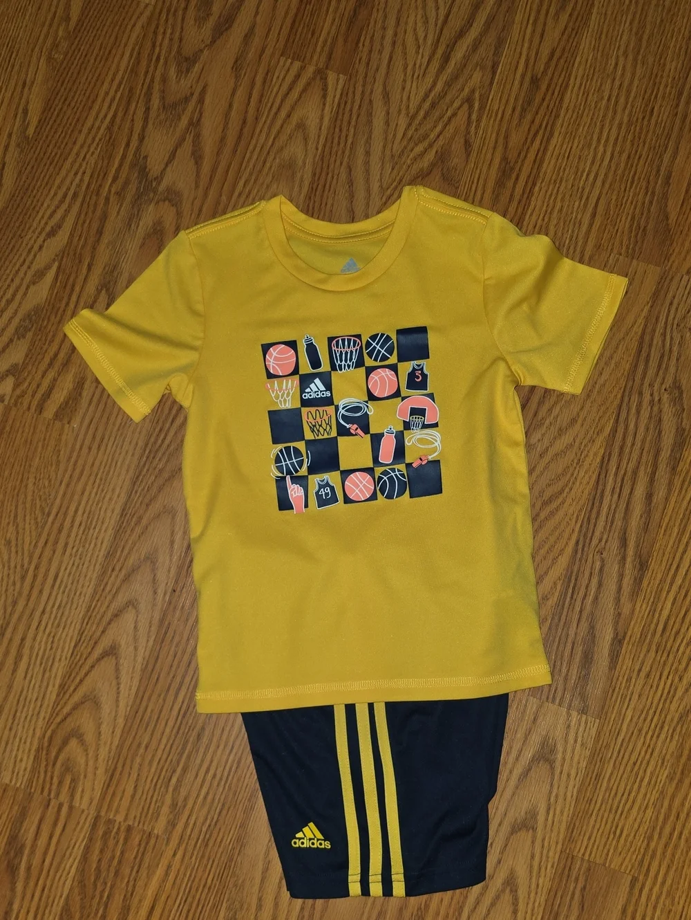 adidas Yellow Graphic Basketball Tee with Navy Shorts